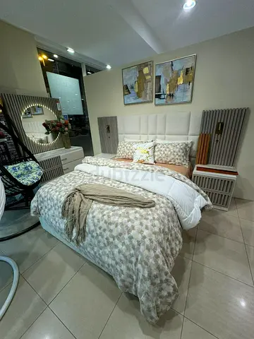 Elegant Beige  Upholstered King Bed with Matching Nightstands, Mattress and Dresser