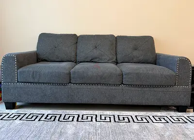 Grey 3-Seater Fabric Sofa with Nailhead Trim