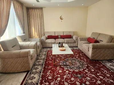 Beige upholstered living room set with red accent cushions - 3+1+1+2 w/curtains