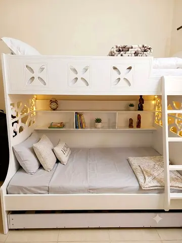 White Decorative Bunk Bed with Lower Double and Upper Single — Good Condition