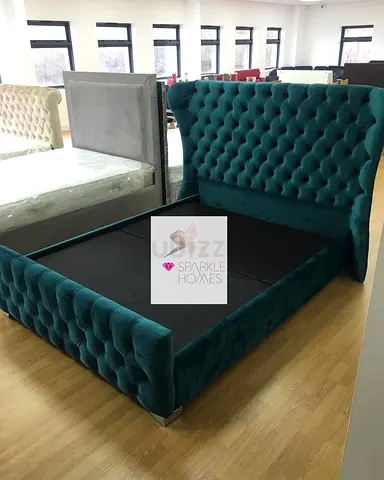 Teal Velvet Button-Tufted King Bed Frame with High Wingback Headboard