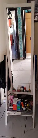 Full-length Freestanding Mirror with Shelf and Hooks - White