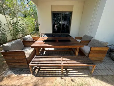 Solid Wooden Outdoor Dining Set with Bench and Cushions