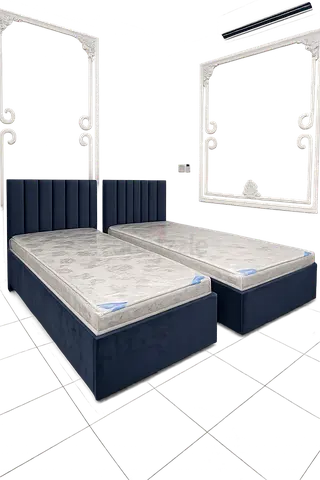 Pair of Single Beds with Mattresses - grey colour Upholstered Frames