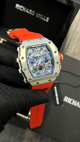 Richard Mille style mens automatic chronograph watch with red rubber strap