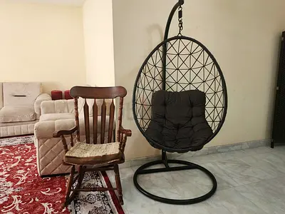 Hanging Egg Swing Chair with Cushion  a Seperate Wooden Rocking chair Brown