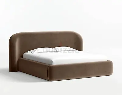 Upholstered Modern Double Bed with Rounded Headboard - Brown