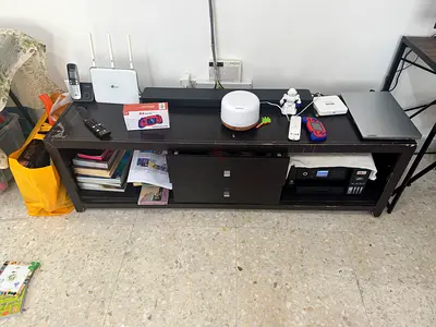 Dark wood TV stand / media console with storage - good condition