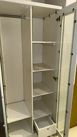 White 3-Door Wardrobe with Shelves and Drawer – Good Condition