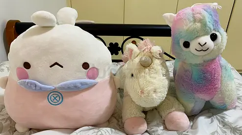 3 cute and soft plushies, bunny, pony, llama stuffies take together