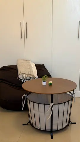 Round Wooden Top Coffee Table with bean bag