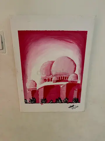 Hand-painted Pink Mosque Canvas Painting - Signed Artwork