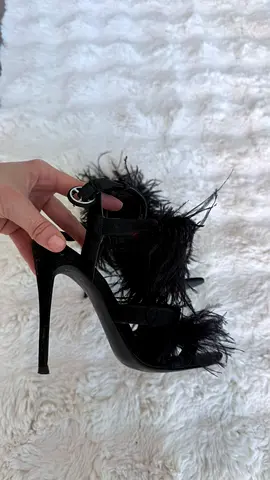 Black feather trim high heel sandals, size unknown, gently used