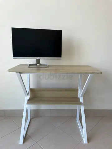 Compact study desk with storage shelf - light wood  white frame, has some marks