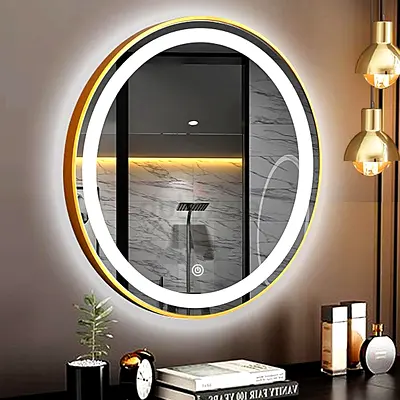 LED Gold Frame Round Mirror with Lights Wall Mounted Lighted Vanity Mirror 3 Color
