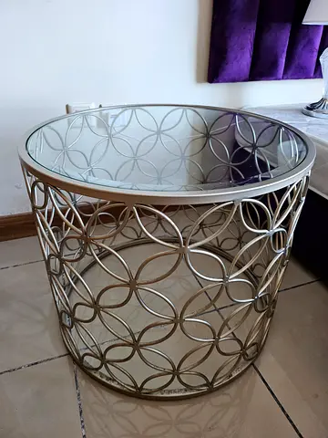 2 Round metal and glass side table — decorative living room accent