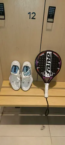 Padel racket with used court shoes - good condition
