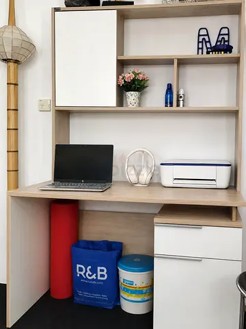 Wooden Study Desk with Overhead Shelves and Drawers