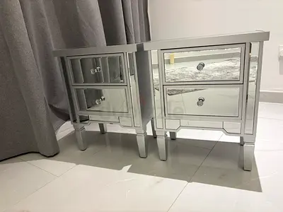 Pair of mirrored bedside tables silver finish