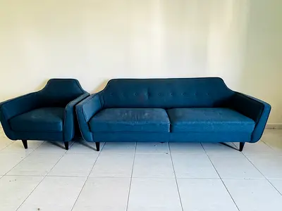 Mid-century Modern 3-seater Sofa + Armchair in Teal Fabric