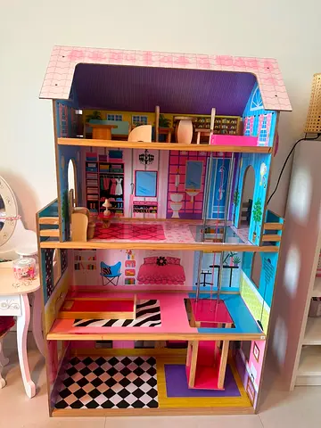 Wooden 3-Storey Dollhouse with Furniture - Good Condition