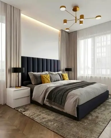 Modern upholstered platform bed with padded headboard - king size