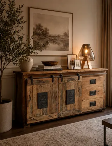 Solid Rustic Wooden hutch with sliding door Console Cabinet - Vintage Finish