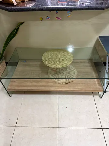 Modern glass coffee table with wooden shelf
