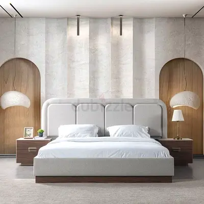 Modern upholstered queen bed with wooden base and bedside tables