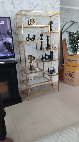 Gold Metal Display Shelves (Set of 2) with Glass Coffee Table and Media Console