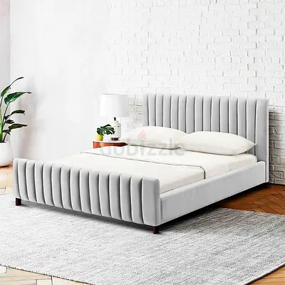 Modern Grey Velvet Upholstered Double Bed with Padded Headboard