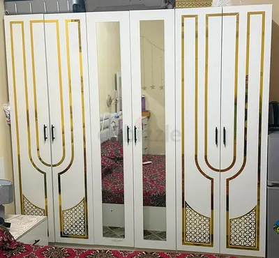 White and Gold 6-Door Wardrobe with Mirrors,Side tables And Bed
