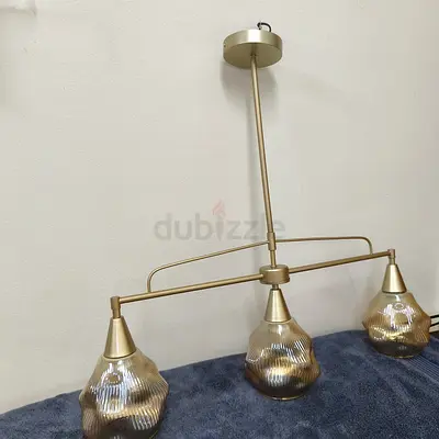 Three-Light Gold Pendant Chandelier with Ribbed Glass Shades