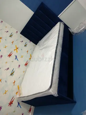Double blue velvet bed frame with new mattress - like new