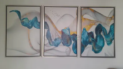 Set of 3 Abstract Framed Wall Art Panels - Teal  Gold 25 inches x 37 inches each panel