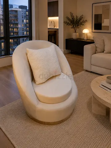 Single Modern Swivel Accent Chair in Cream Velvet — Excellent Condition