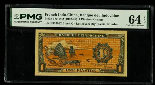 French Indo-China 1 Piastre 1942–45 PMG 64 EPQ