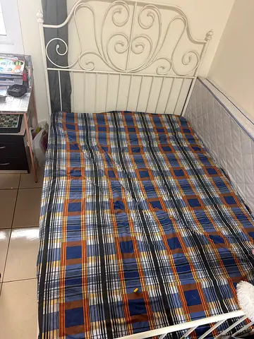 Sturdy White Metal double Bed Frame with Decorative Headboard