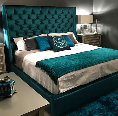 Teal Velvet King Bed with High Tufted Headboard - Brand new
