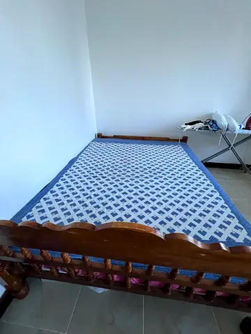 Immediate sale-Solid wooden queen bed frame with slatted base along with mattress good condition