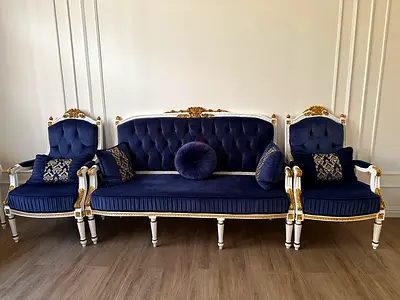 Classic French-Style 3-Seater Sofa with 2 Armchairs - Navy Velvet