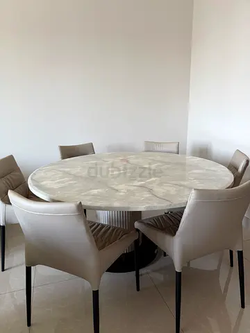 Round Marble-Top Dining Table with 6 Beige Chairs