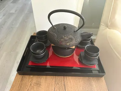Cast Iron Teapot Set with Cups and Serving Tray