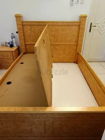 Wood-finish Queen Bed Frame with Storage Lift, mattress and 2 side tables - Good Condition