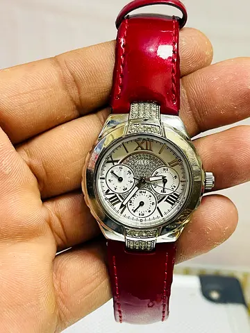 Guess crystal dress watch with red patent leather strap
