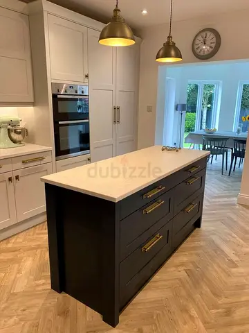 Modern Kitchen Island with Quartz Top and Brass Handles