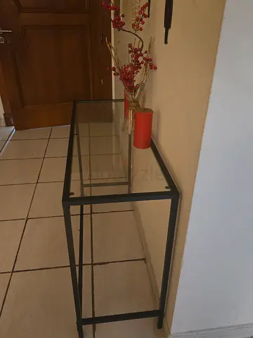 Slim black metal and glass console table - good condition