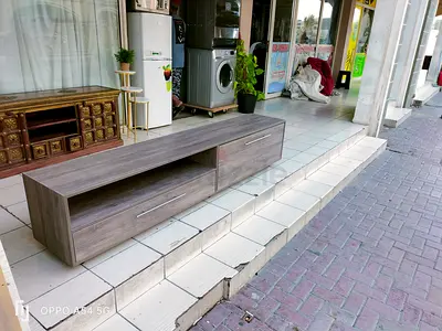 Low Wooden TV Unit with Drawers - Grey Oak Finish