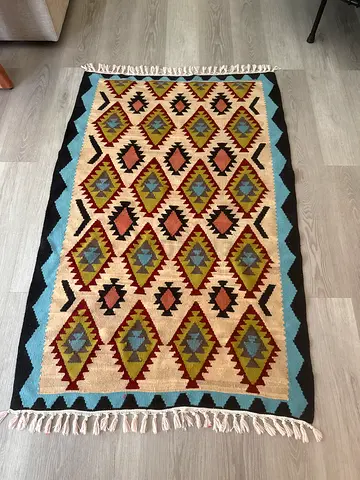 Handwoven geometric kilim rug with fringe - medium size