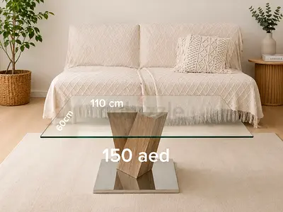 Glass Top Coffee Table with Wood Geometric Base - 110x60cm